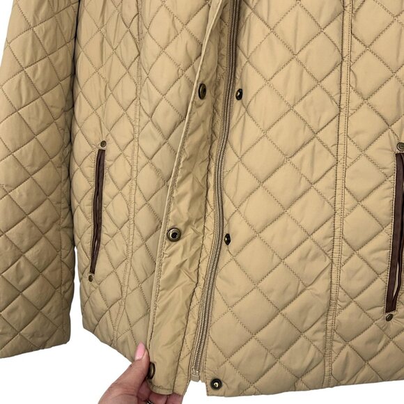 Ralph Lauren Diamond Quilted Barn Jacket Womens L Faux Leather Trim Birch Tan - Picture 5 of 16